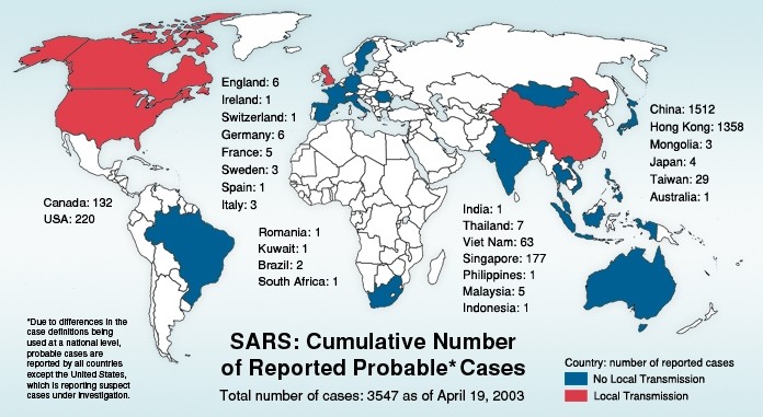 SARS在各国的确诊人数分布 SARS在各国的确诊人数分布